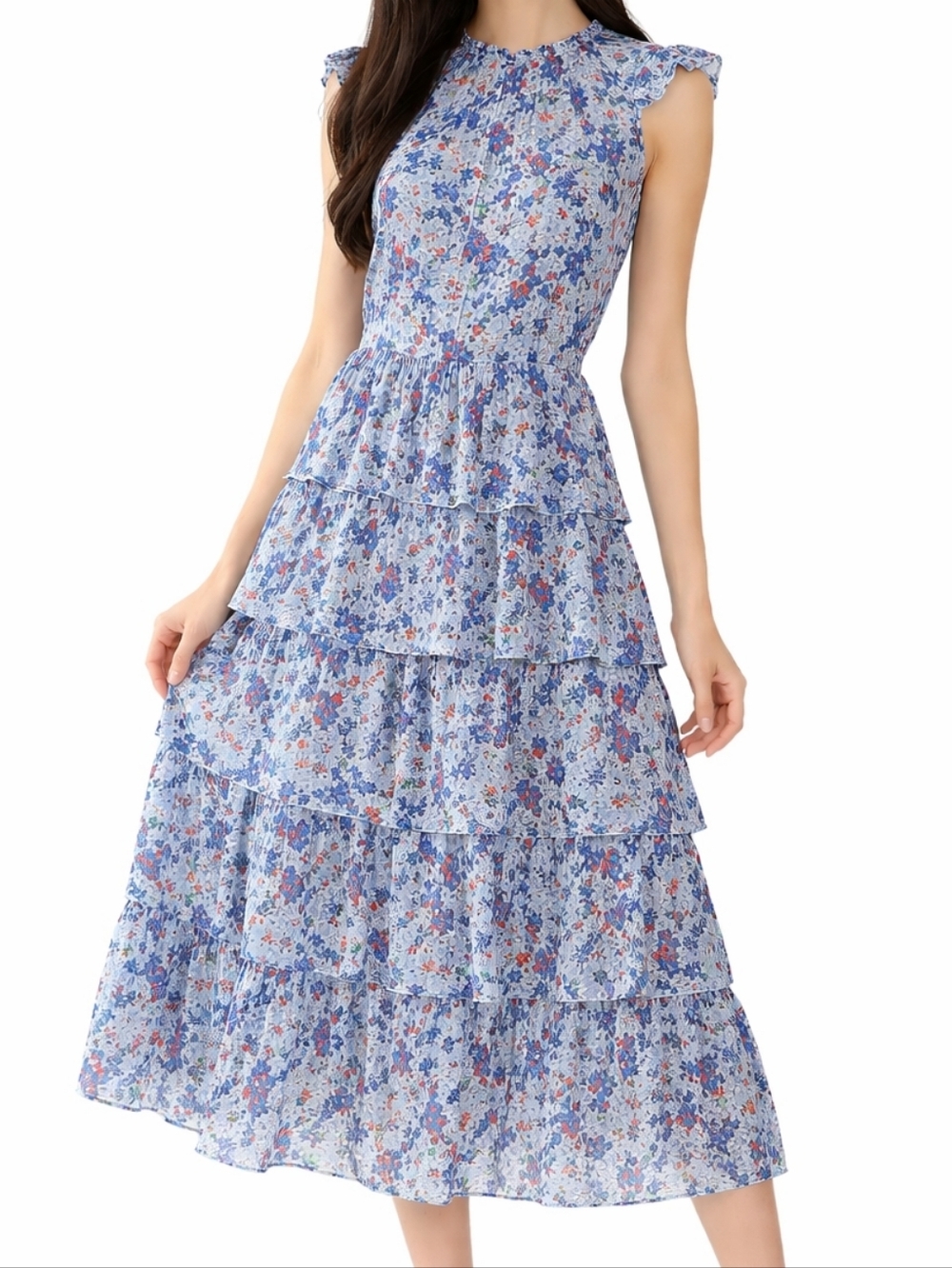Aritzia Little Moon Rarity Blue Floral Feminine Ruffle Midi Casual Dress Sz XS.